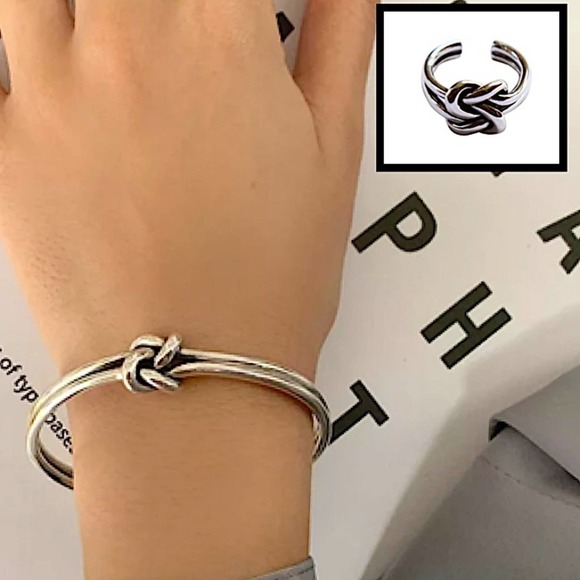 Sterling Silver Knot Bangle Cuff Bracelet Ring Matching Set - Picture 2 of 10